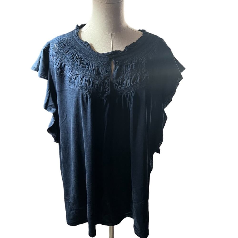 Lauren Ralph Lauren Lace Trim Jersey Flutter Sleeve Blouse Navy NEW Size 2X Plus - Picture 2 of 7